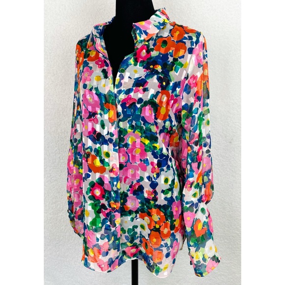 SALONI • Floral Semi-Sheer Long Sleeve Button-Down Shirt - Picture 7 of 16